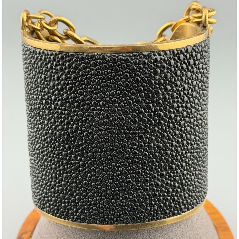 Vintage Bracelet Black Stingray Leather Paige Novick Mini Cuff Gold Plate